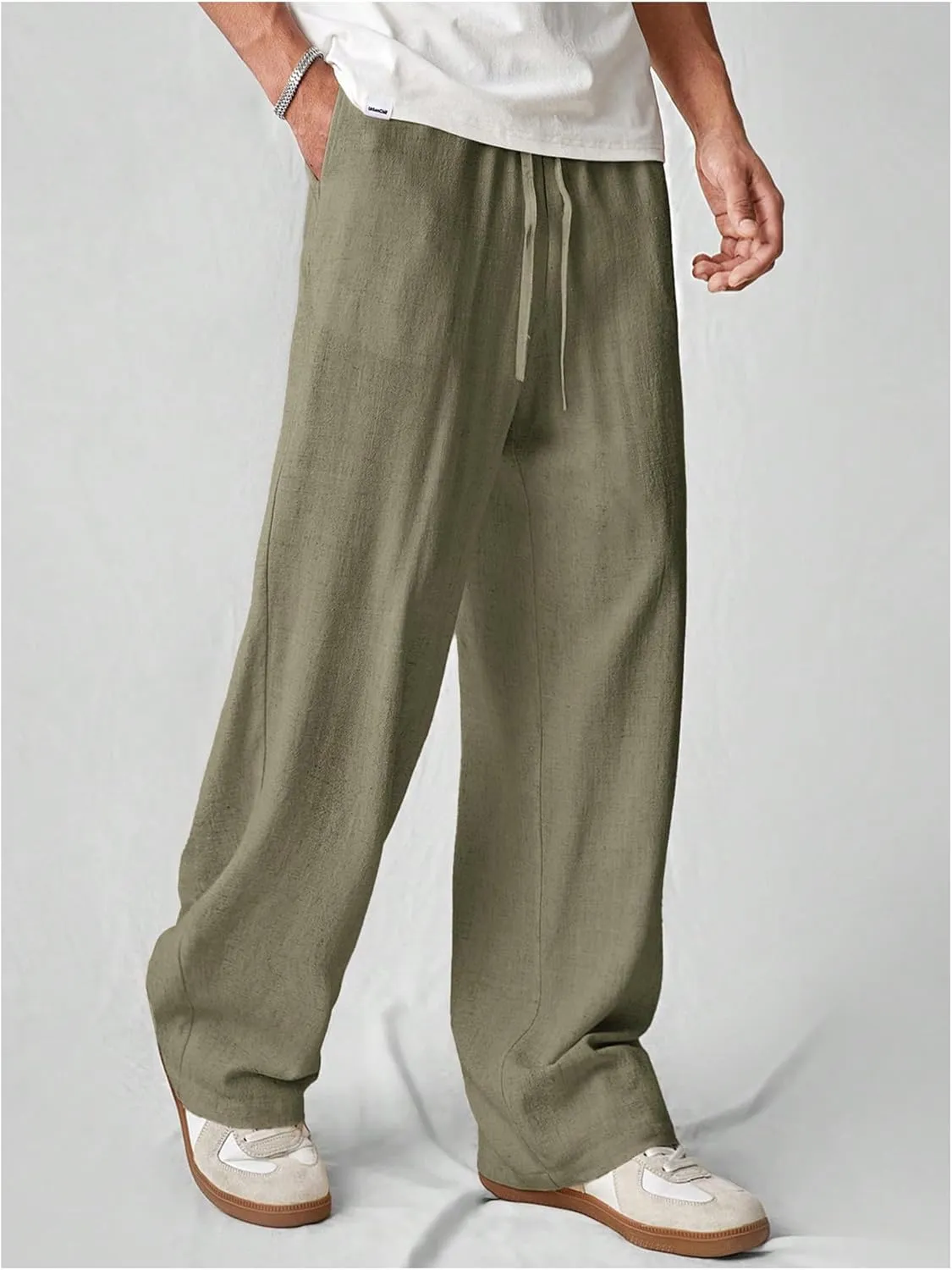 Verdusa Men's Elastic Waist Linen Pants Straight Leg Loose Trousers with Pockets