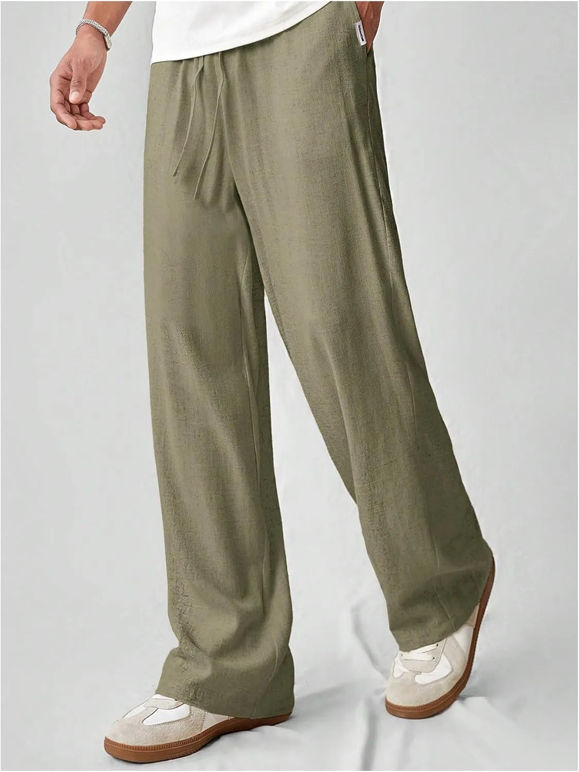 Verdusa Men's Elastic Waist Linen Pants Straight Leg Loose Trousers with Pockets