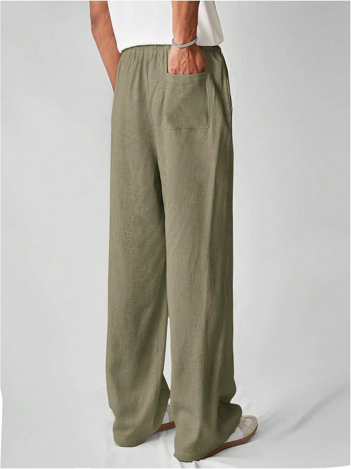 Verdusa Men's Elastic Waist Linen Pants Straight Leg Loose Trousers with Pockets