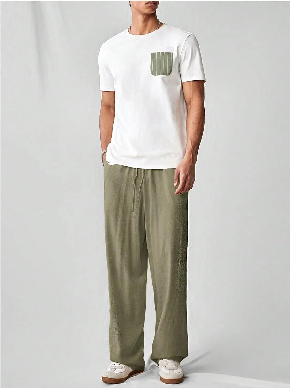 Verdusa Men's Elastic Waist Linen Pants Straight Leg Loose Trousers with Pockets