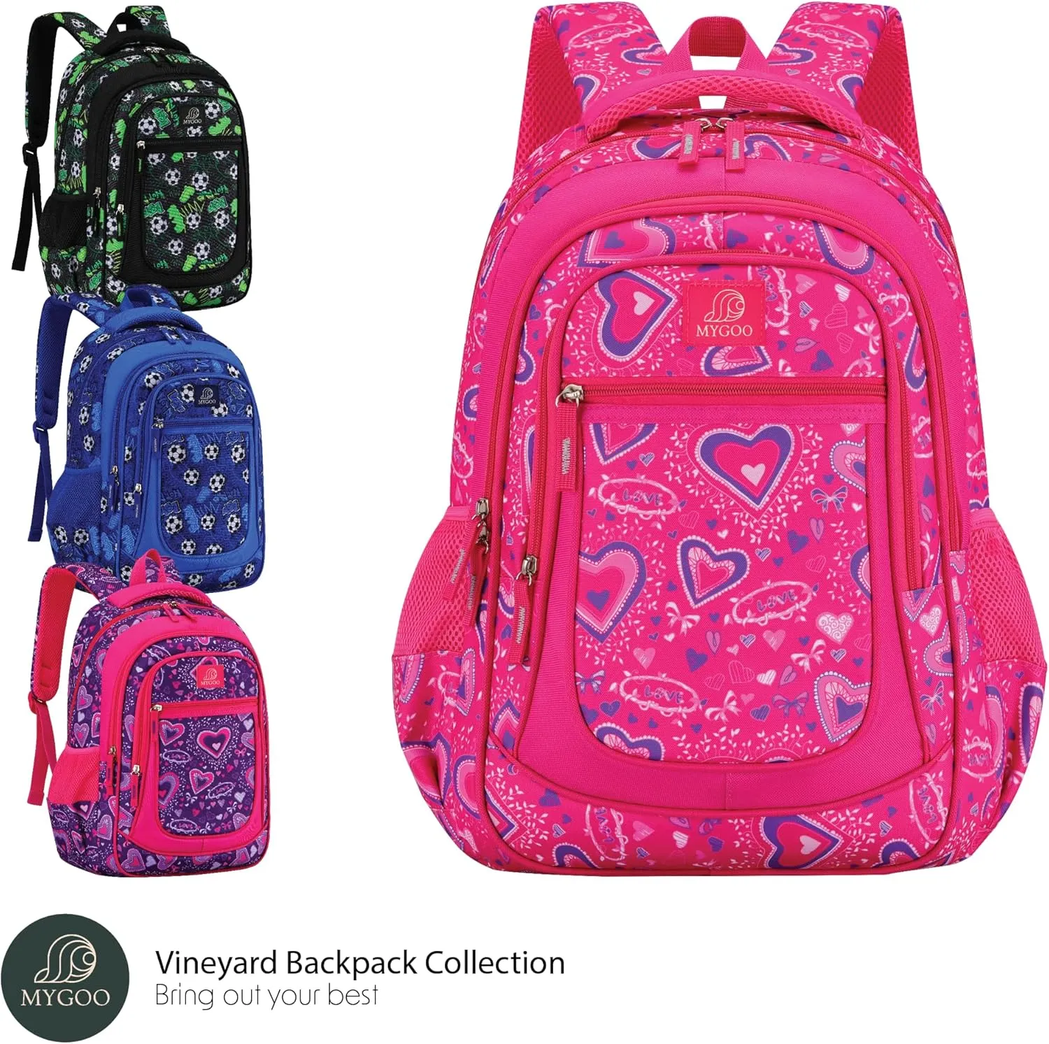 Vineyard Elementary Kids Backpack for Girls | 17" Heart Pink | Structured for School Life