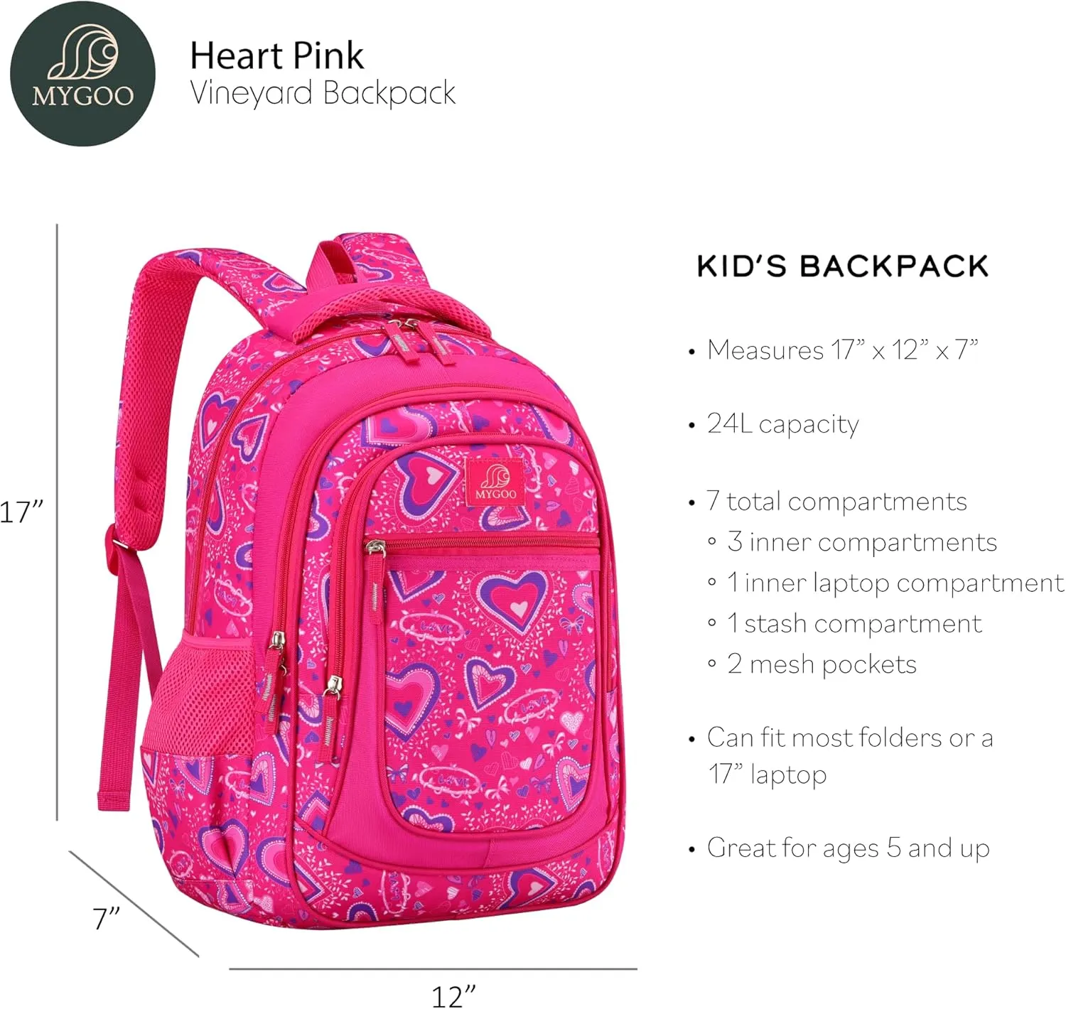 Vineyard Elementary Kids Backpack for Girls | 17" Heart Pink | Structured for School Life