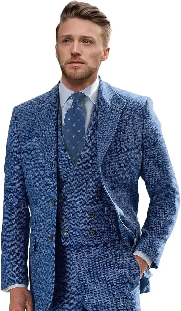 Wangyue Tweed Suits for Men Slim Fit 3 Piece Suit Double Breasted Herringbone Tweed Suit Wool Suits 1920s Wedding Suits
