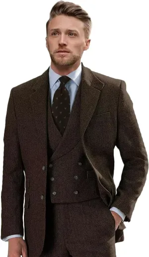 Wangyue Tweed Suits for Men Slim Fit 3 Piece Suit Double Breasted Herringbone Tweed Suit Wool Suits 1920s Wedding Suits