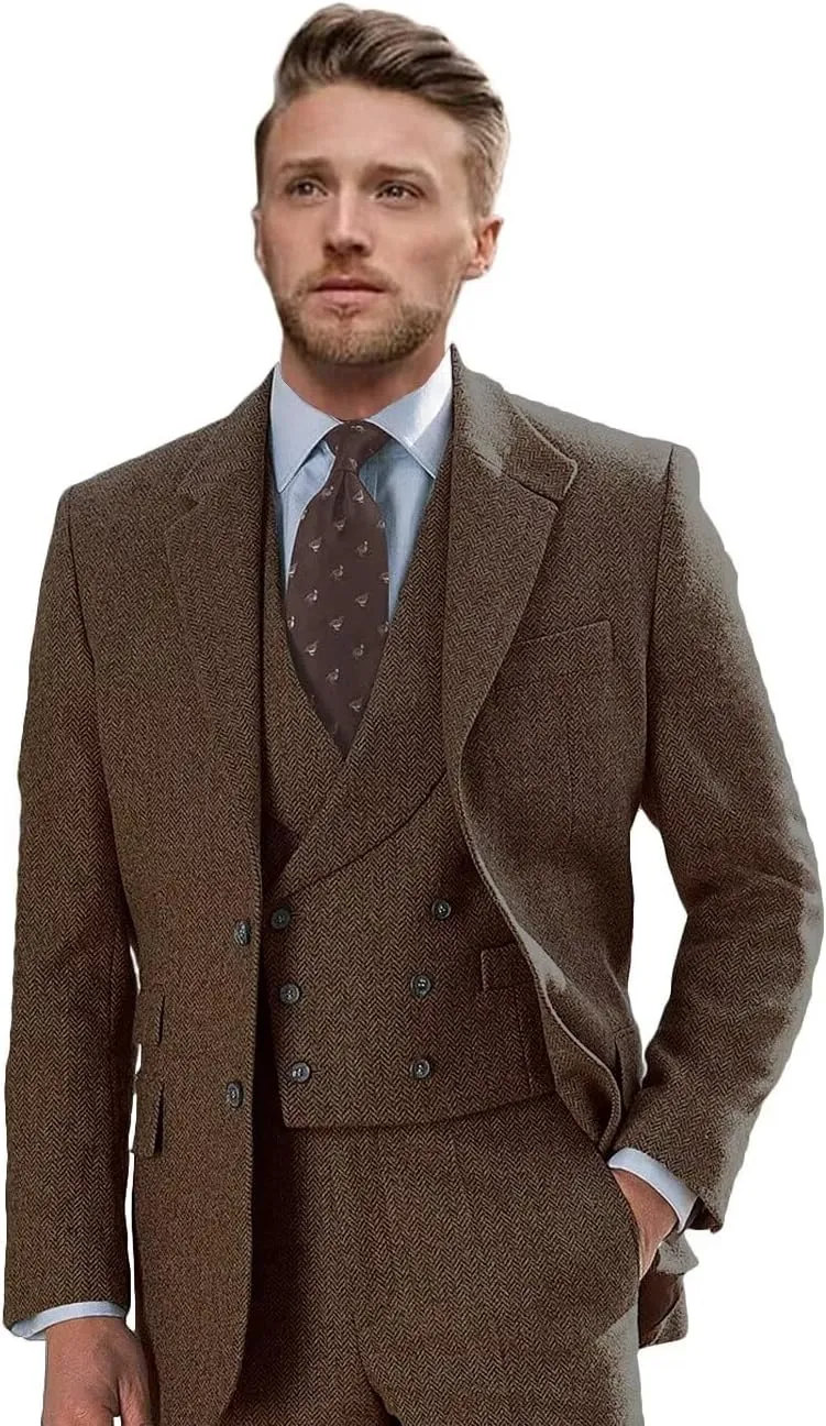 Wangyue Tweed Suits for Men Slim Fit 3 Piece Suit Double Breasted Herringbone Tweed Suit Wool Suits 1920s Wedding Suits