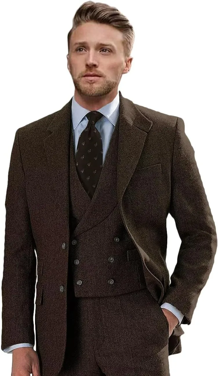 Wangyue Tweed Suits for Men Slim Fit 3 Piece Suit Double Breasted Herringbone Tweed Suit Wool Suits 1920s Wedding Suits