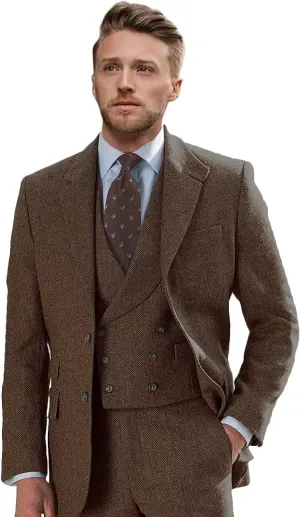 Wangyue Tweed Suits for Men Slim Fit 3 Piece Suit Double Breasted Herringbone Tweed Suit Wool Suits 1920s Wedding Suits