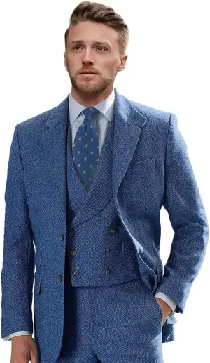 Wangyue Tweed Suits for Men Slim Fit 3 Piece Suit Double Breasted Herringbone Tweed Suit Wool Suits 1920s Wedding Suits