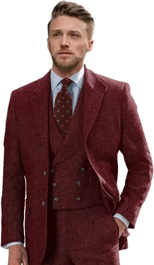 Wangyue Tweed Suits for Men Slim Fit 3 Piece Suit Double Breasted Herringbone Tweed Suit Wool Suits 1920s Wedding Suits