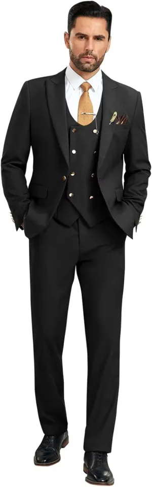 Wehilion 3 Piece Men's Suits Slim Fit Formal Bussiness Suits Double Breasted Suit for Wedding Prom Suits Blazer Vest Pants