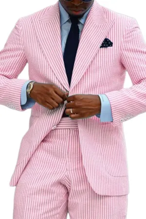 Wehilion Men's Striped Seersucker Suits 2 Piece Slim Fit Wedding Tuxedo Summer Beach Suits Sets