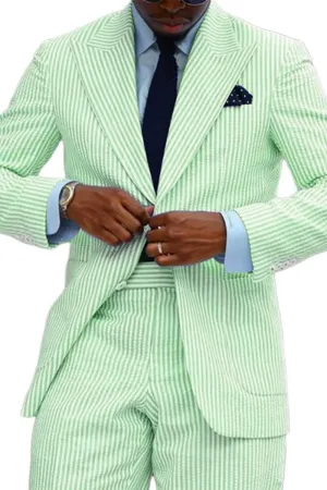 Wehilion Men's Striped Seersucker Suits 2 Piece Slim Fit Wedding Tuxedo Summer Beach Suits Sets