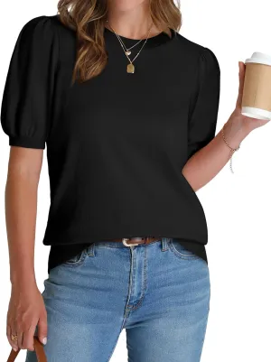 WIHOLL Women's Puff Short Sleeve Sweater 2025 Spring Summer Tops Trendy Business Casual Outfits Work Blouses Clothes