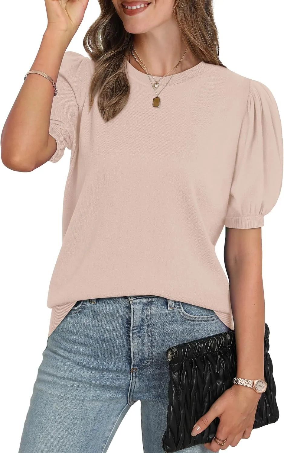 WIHOLL Women's Puff Short Sleeve Sweater 2025 Spring Summer Tops Trendy Business Casual Outfits Work Blouses Clothes