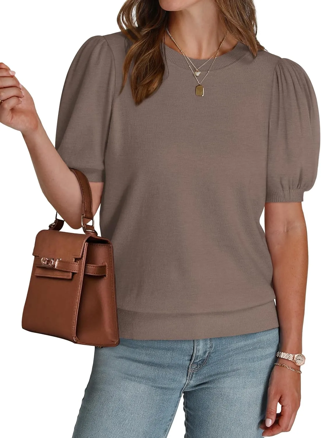 WIHOLL Women's Puff Short Sleeve Sweater 2025 Spring Summer Tops Trendy Business Casual Outfits Work Blouses Clothes