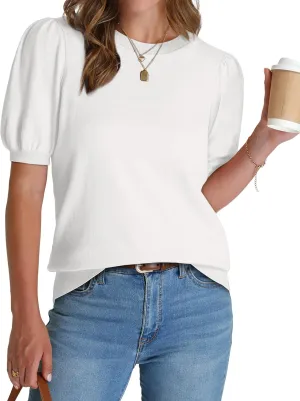 WIHOLL Women's Puff Short Sleeve Sweater 2025 Spring Summer Tops Trendy Business Casual Outfits Work Blouses Clothes