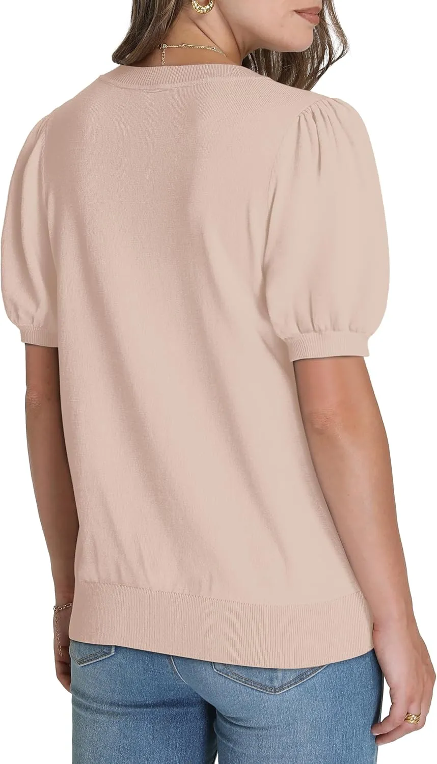 WIHOLL Women's Puff Short Sleeve Sweater 2025 Spring Summer Tops Trendy Business Casual Outfits Work Blouses Clothes