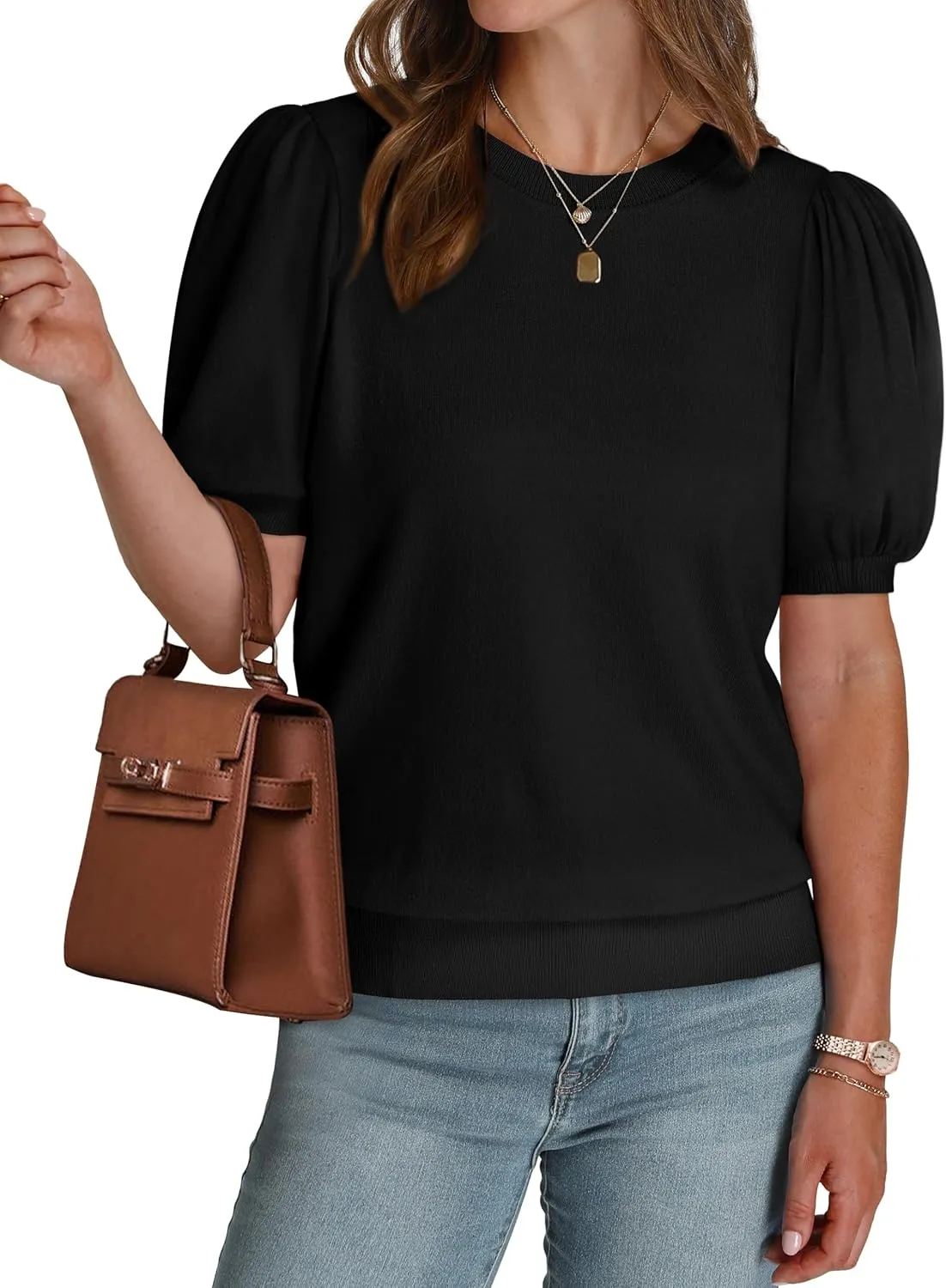 WIHOLL Women's Puff Short Sleeve Sweater 2025 Spring Summer Tops Trendy Business Casual Outfits Work Blouses Clothes