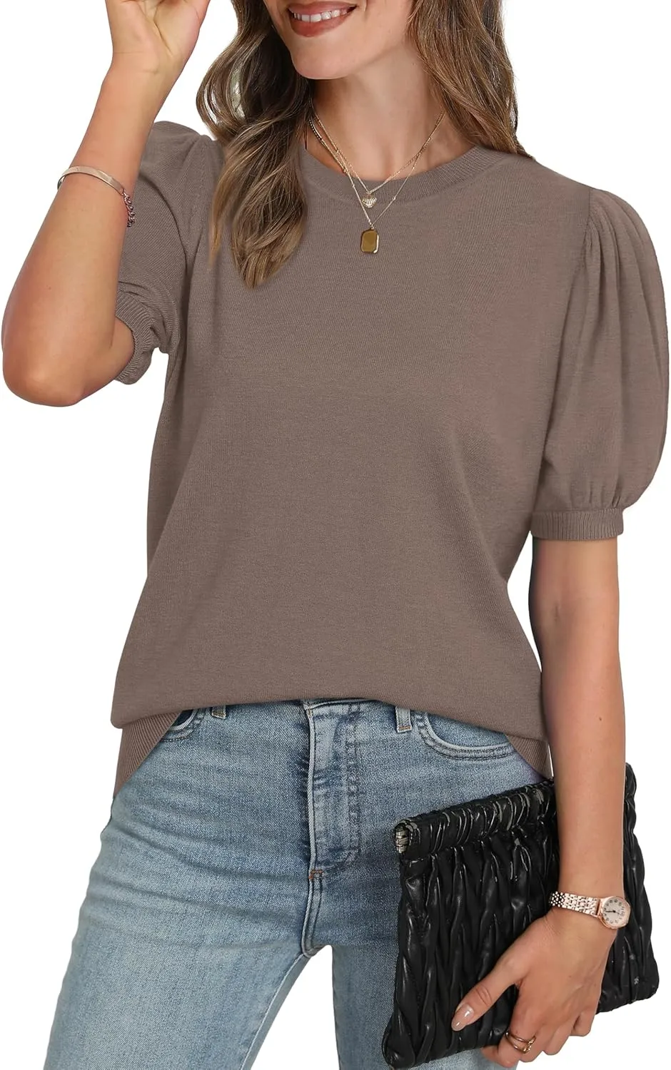 WIHOLL Women's Puff Short Sleeve Sweater 2025 Spring Summer Tops Trendy Business Casual Outfits Work Blouses Clothes