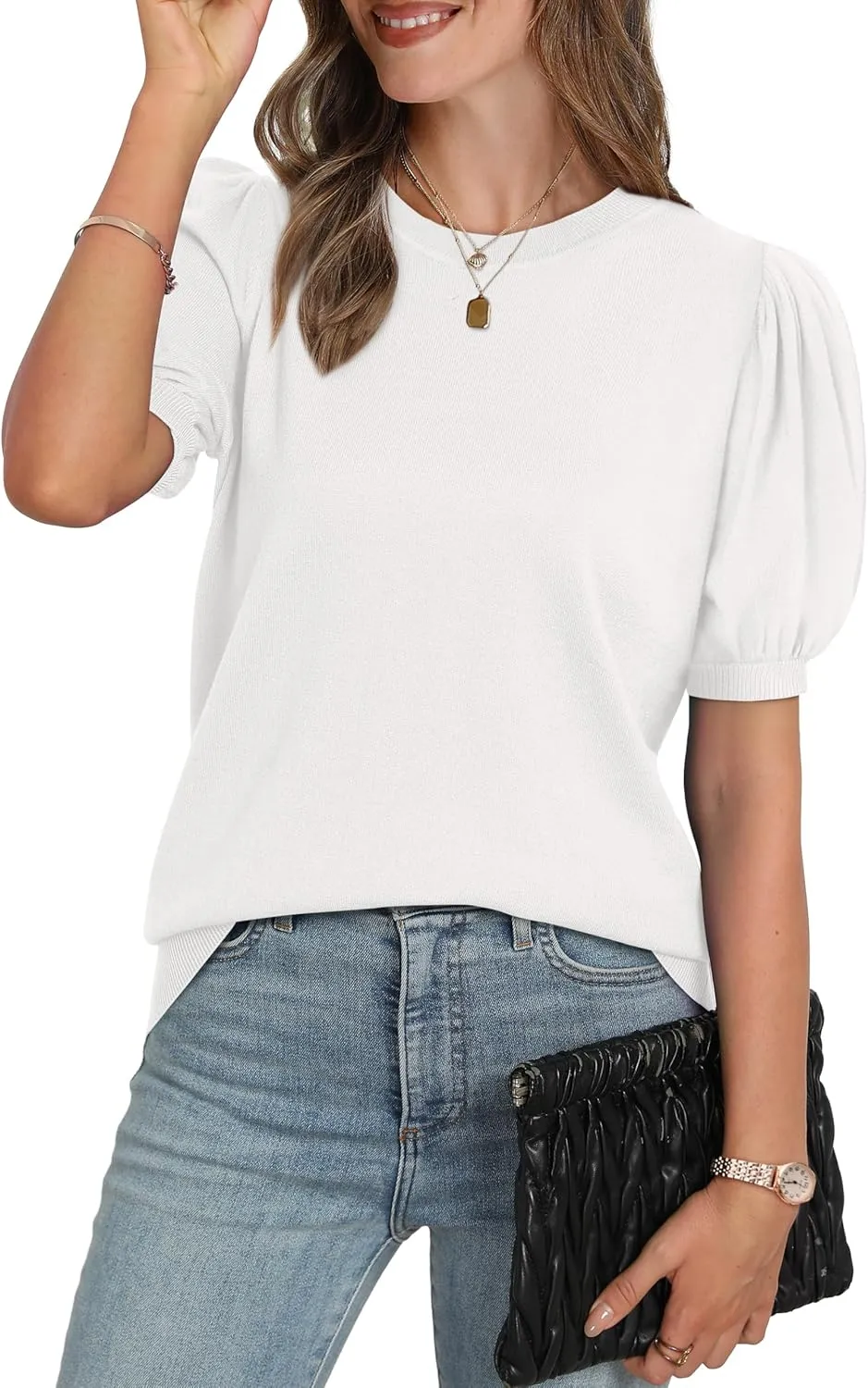 WIHOLL Women's Puff Short Sleeve Sweater 2025 Spring Summer Tops Trendy Business Casual Outfits Work Blouses Clothes