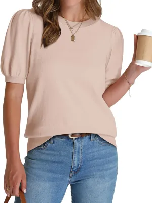 WIHOLL Women's Puff Short Sleeve Sweater 2025 Spring Summer Tops Trendy Business Casual Outfits Work Blouses Clothes