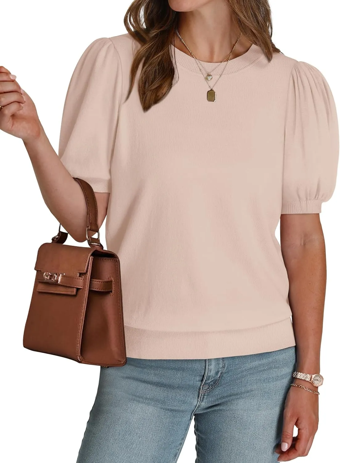 WIHOLL Women's Puff Short Sleeve Sweater 2025 Spring Summer Tops Trendy Business Casual Outfits Work Blouses Clothes