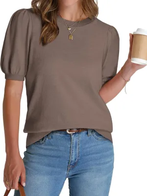WIHOLL Women's Puff Short Sleeve Sweater 2025 Spring Summer Tops Trendy Business Casual Outfits Work Blouses Clothes