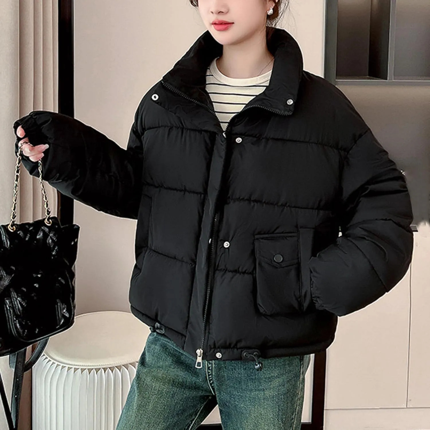 Winter Cropped Puffer Coat Women Stand Collar Slim Fit Thermal Short Overcoat 2024 Fashion Solid Color Warm Down Coat