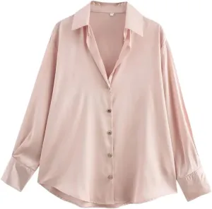 Woman Silk Textured Shirt Slim Turn Down Collar Blouses