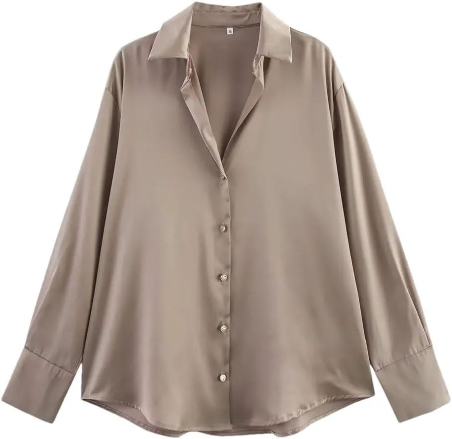Woman Silk Textured Shirt Slim Turn Down Collar Blouses