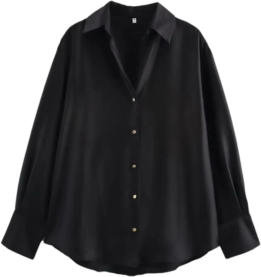 Woman Silk Textured Shirt Slim Turn Down Collar Blouses