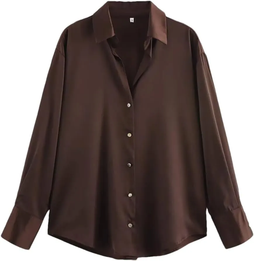 Woman Silk Textured Shirt Slim Turn Down Collar Blouses