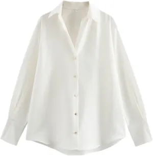 Woman Silk Textured Shirt Slim Turn Down Collar Blouses