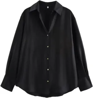 Woman Silk Textured Shirt Slim Turn Down Collar Blouses