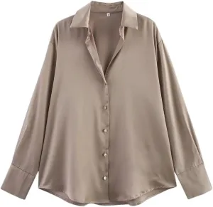 Woman Silk Textured Shirt Slim Turn Down Collar Blouses