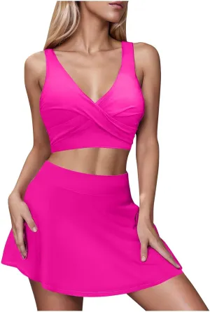 Women 2 Piece Swim Dress V Neck Swim Top with Side Split Skirts 2025 Fashion High Waisted Tummy Control Swimwear