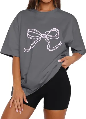 Women Bow Print Oversized Tee Shirt Tops Casual Crewneck Short Sleeve Drop Shoulder Graphic T-Shirts Going Out Top