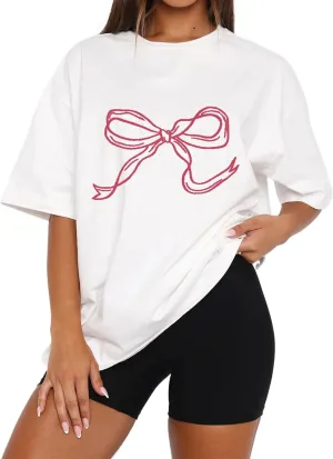 Women Bow Print Oversized Tee Shirt Tops Casual Crewneck Short Sleeve Drop Shoulder Graphic T-Shirts Going Out Top