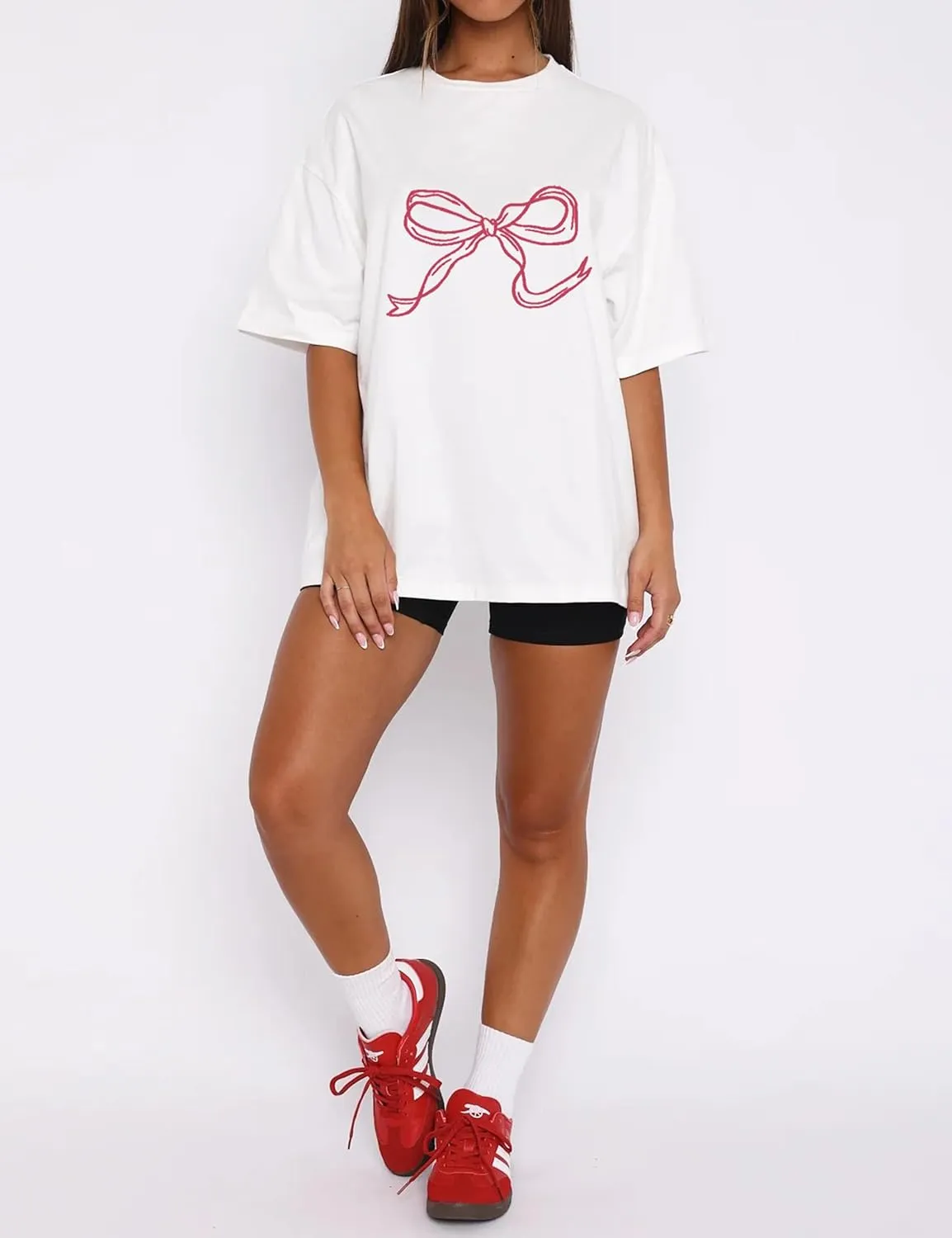 Women Bow Print Oversized Tee Shirt Tops Casual Crewneck Short Sleeve Drop Shoulder Graphic T-Shirts Going Out Top
