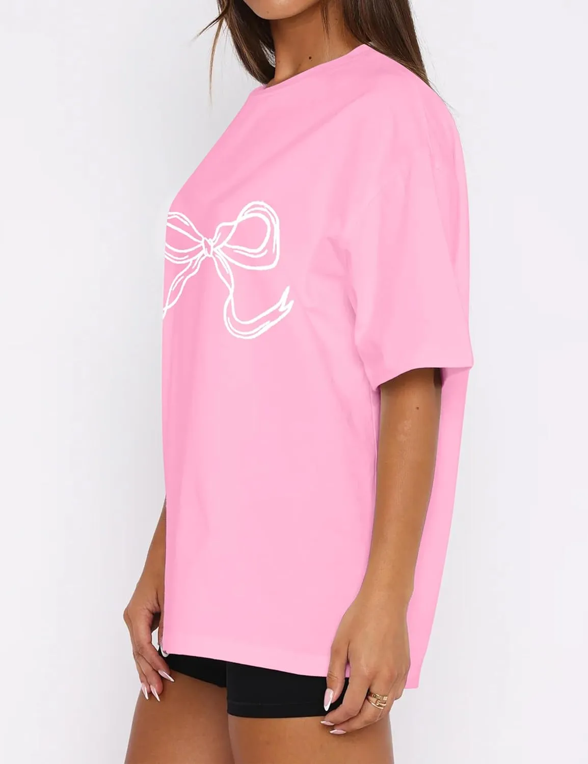 Women Bow Print Oversized Tee Shirt Tops Casual Crewneck Short Sleeve Drop Shoulder Graphic T-Shirts Going Out Top