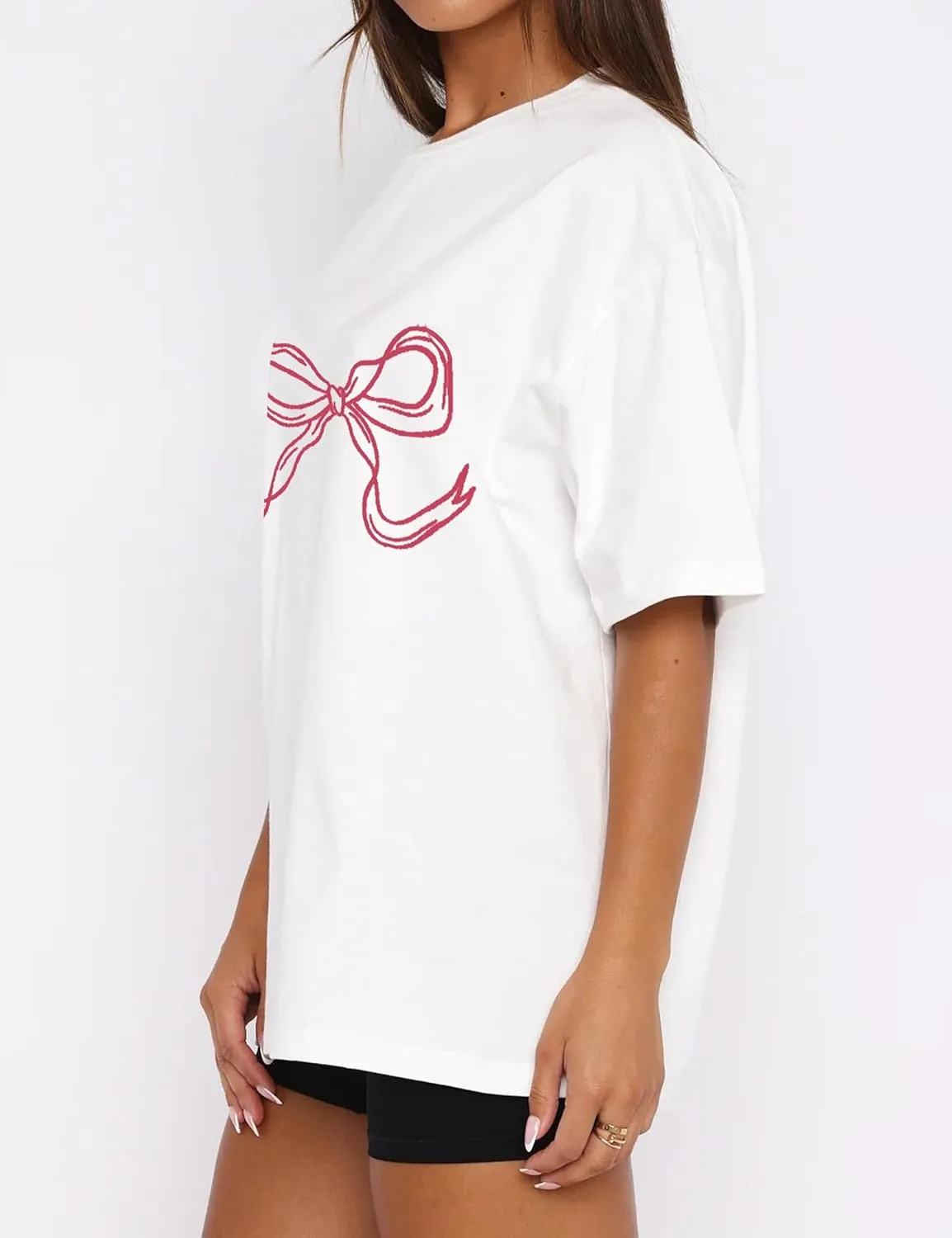 Women Bow Print Oversized Tee Shirt Tops Casual Crewneck Short Sleeve Drop Shoulder Graphic T-Shirts Going Out Top