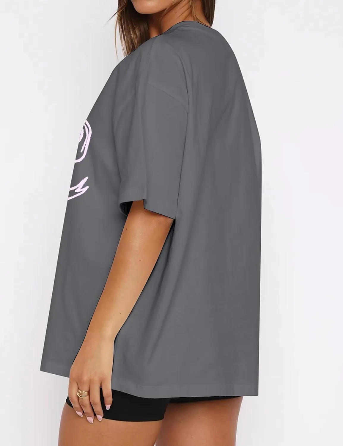 Women Bow Print Oversized Tee Shirt Tops Casual Crewneck Short Sleeve Drop Shoulder Graphic T-Shirts Going Out Top