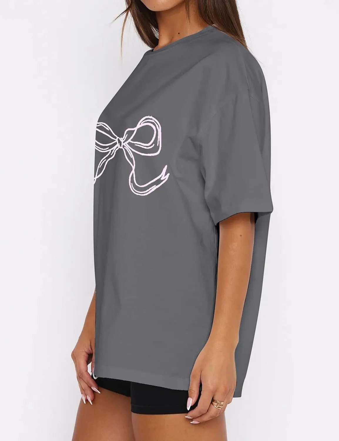 Women Bow Print Oversized Tee Shirt Tops Casual Crewneck Short Sleeve Drop Shoulder Graphic T-Shirts Going Out Top