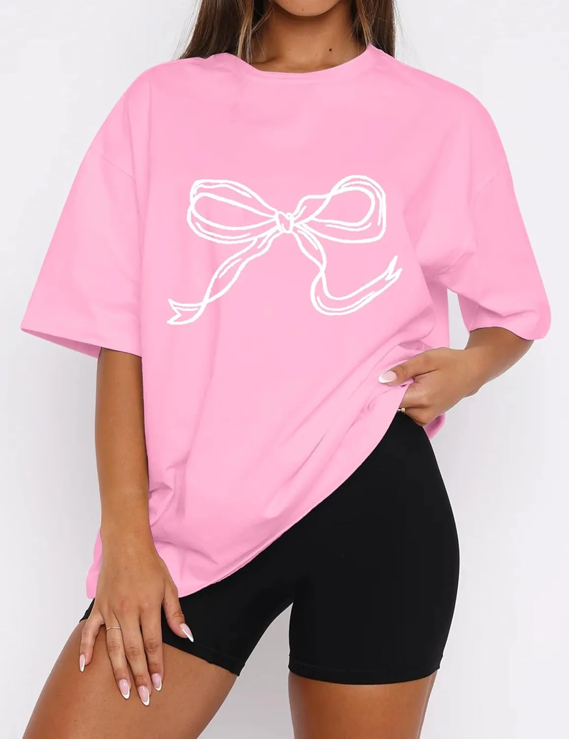 Women Bow Print Oversized Tee Shirt Tops Casual Crewneck Short Sleeve Drop Shoulder Graphic T-Shirts Going Out Top