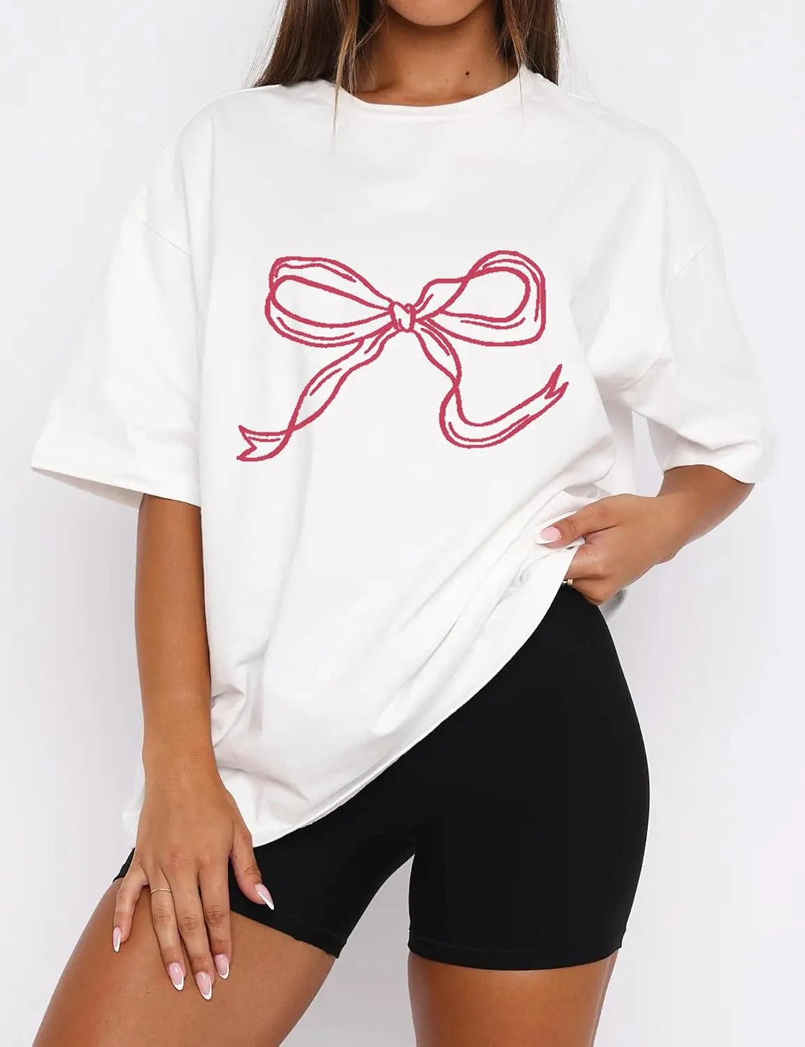 Women Bow Print Oversized Tee Shirt Tops Casual Crewneck Short Sleeve Drop Shoulder Graphic T-Shirts Going Out Top