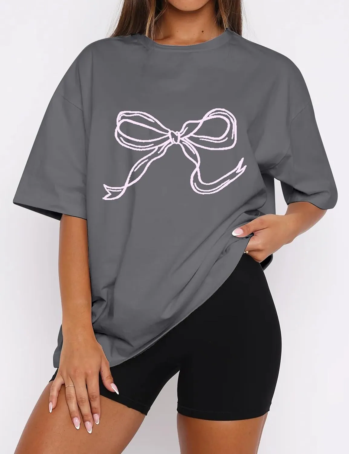 Women Bow Print Oversized Tee Shirt Tops Casual Crewneck Short Sleeve Drop Shoulder Graphic T-Shirts Going Out Top
