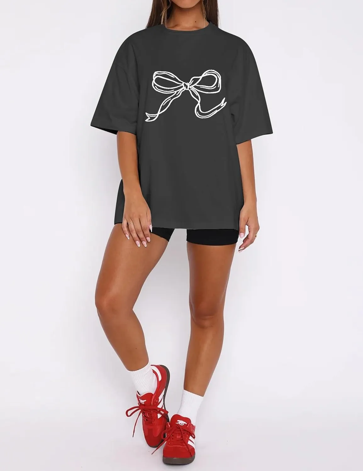 Women Bow Print Oversized Tee Shirt Tops Casual Crewneck Short Sleeve Drop Shoulder Graphic T-Shirts Going Out Top