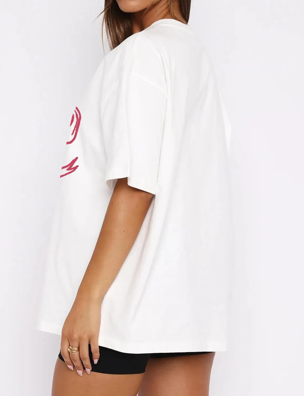Women Bow Print Oversized Tee Shirt Tops Casual Crewneck Short Sleeve Drop Shoulder Graphic T-Shirts Going Out Top