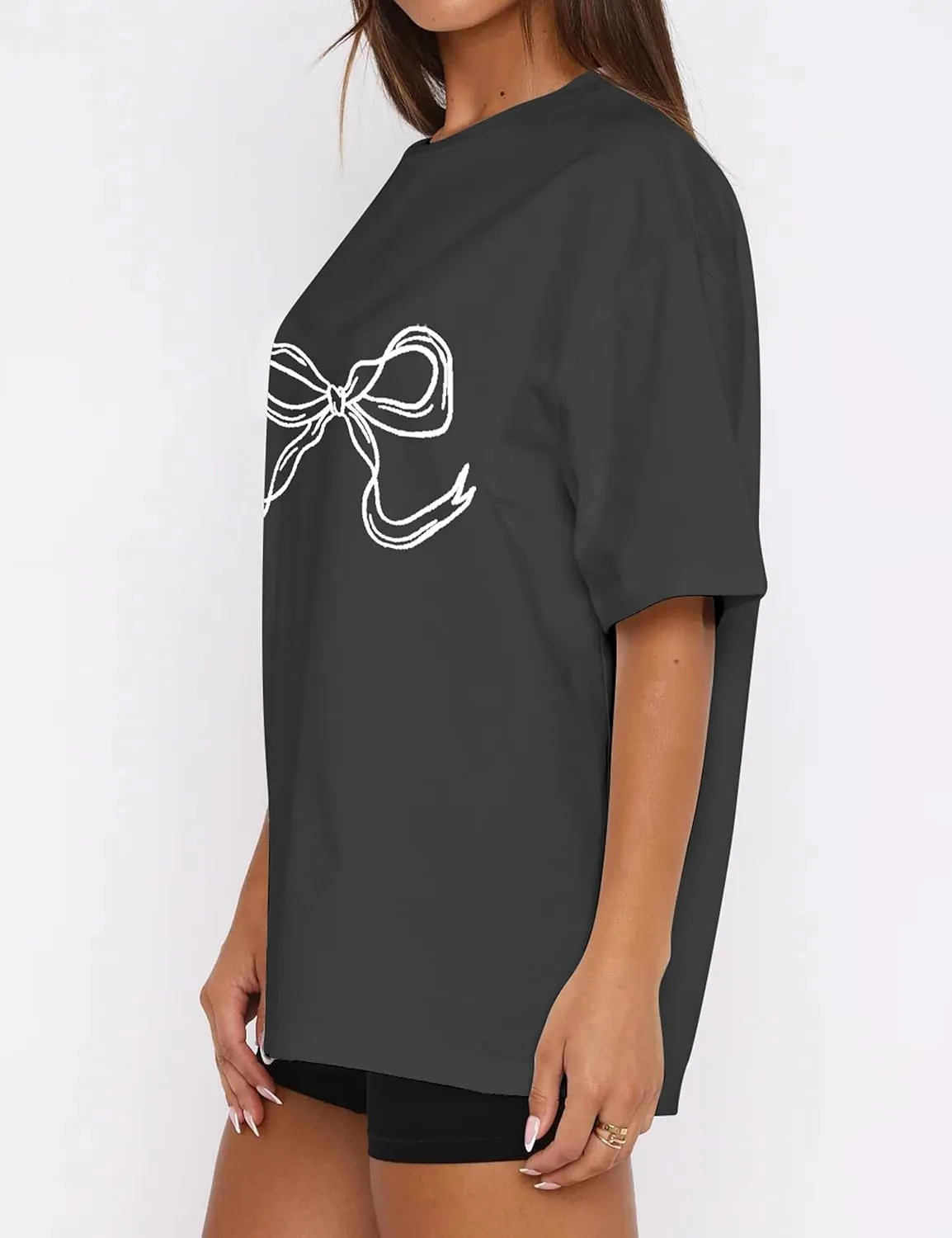 Women Bow Print Oversized Tee Shirt Tops Casual Crewneck Short Sleeve Drop Shoulder Graphic T-Shirts Going Out Top