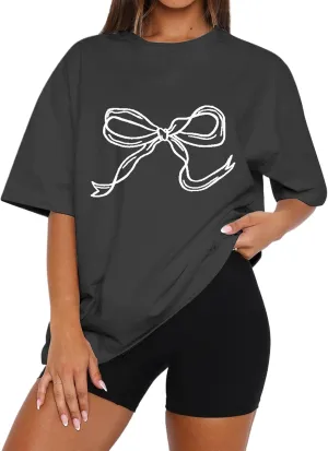 Women Bow Print Oversized Tee Shirt Tops Casual Crewneck Short Sleeve Drop Shoulder Graphic T-Shirts Going Out Top
